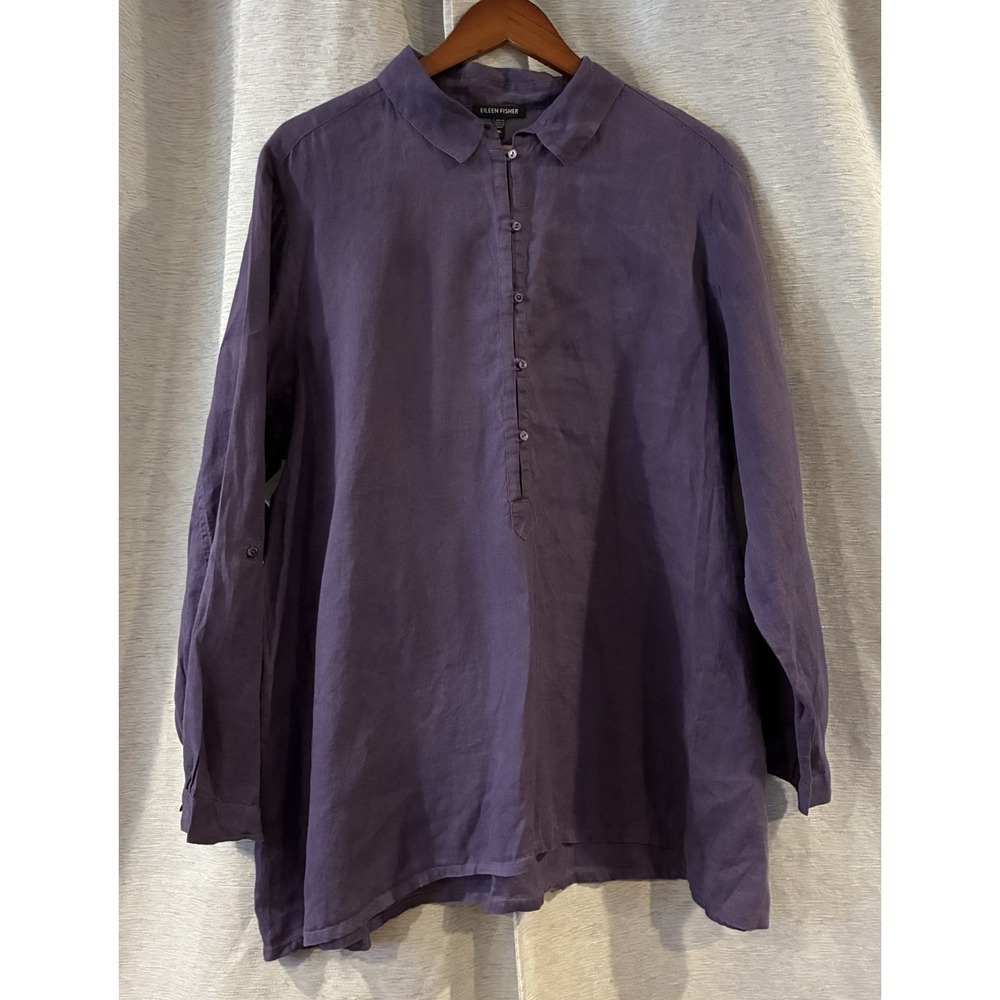 Eileen Fisher Top Womens XL Purple Irish Linen Tunic Long Sleeve Shirt Preppy